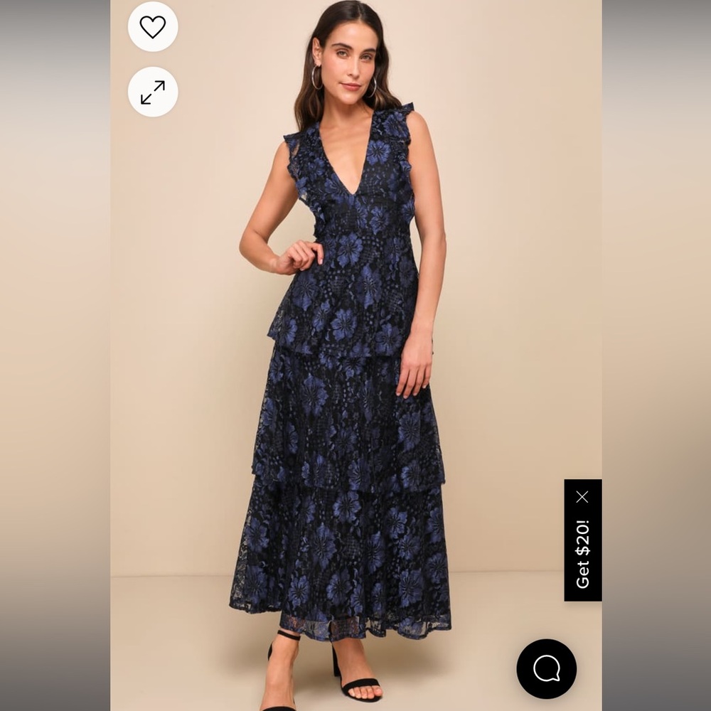 Lulu’s Molinetto Navy Blue Lace Ruffled Tiered Sleeveless Maxi Dress